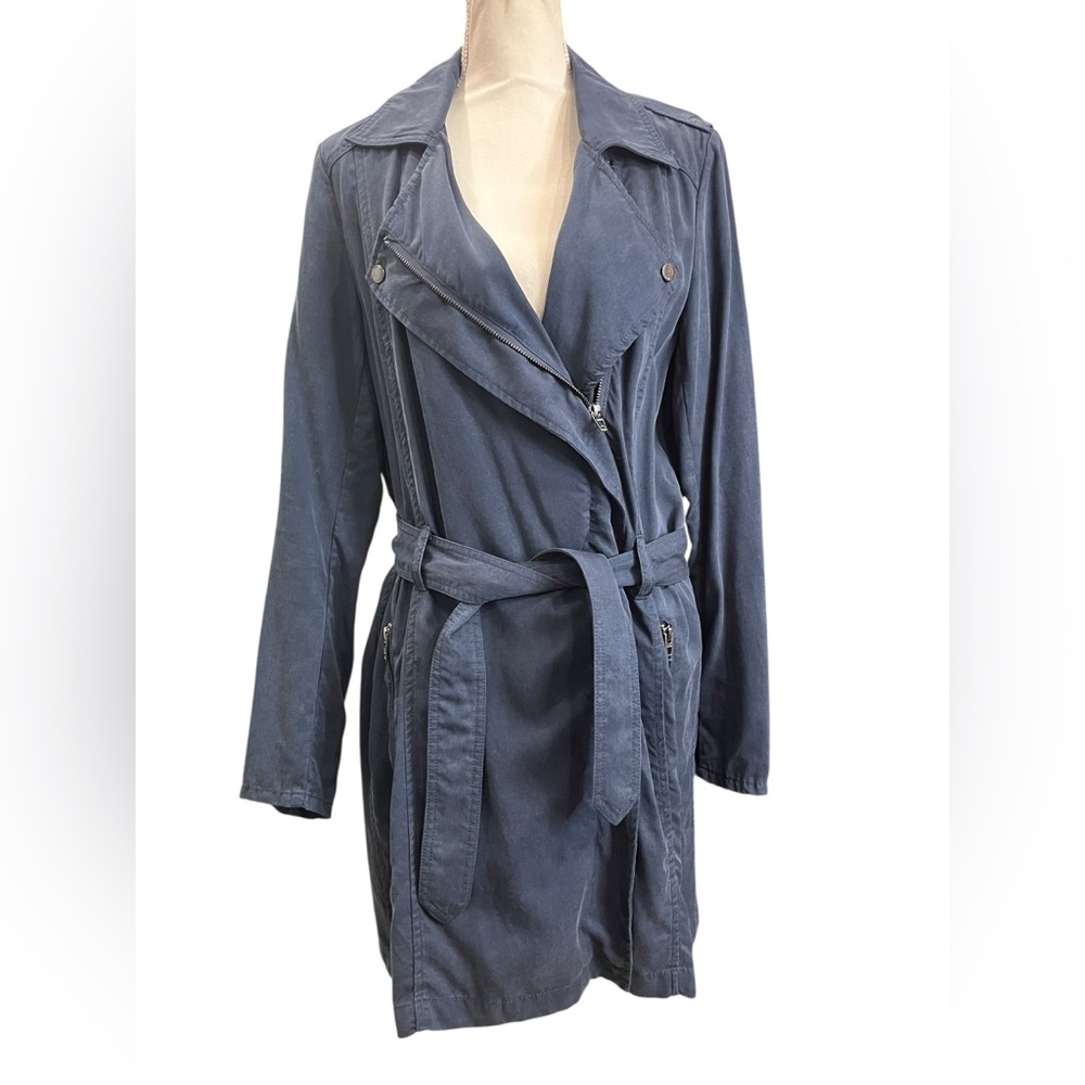 Blank NYC Blue Moto Trench Jacket Small Tencel Utility Belted Coat - Picture 2 of 9